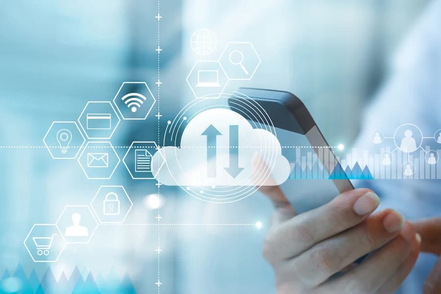 a close-up of a person holding a phone, with a cloud icon overlaid