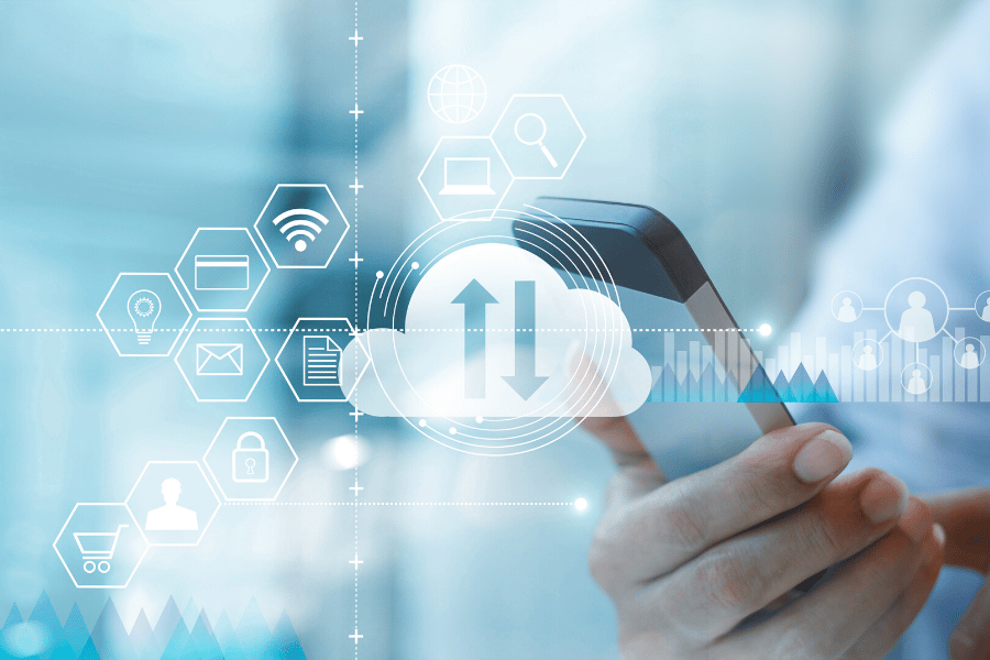 image of man holding phone with representative digital cloud overlay