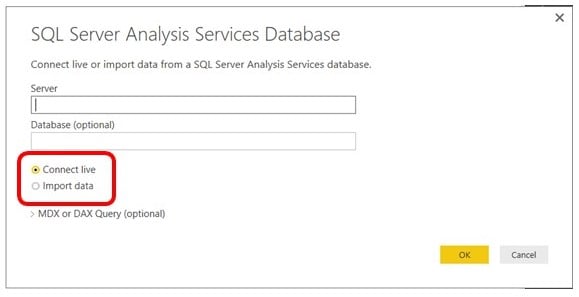 Click connect live when when connecting to SQL Server Analysis Services database
