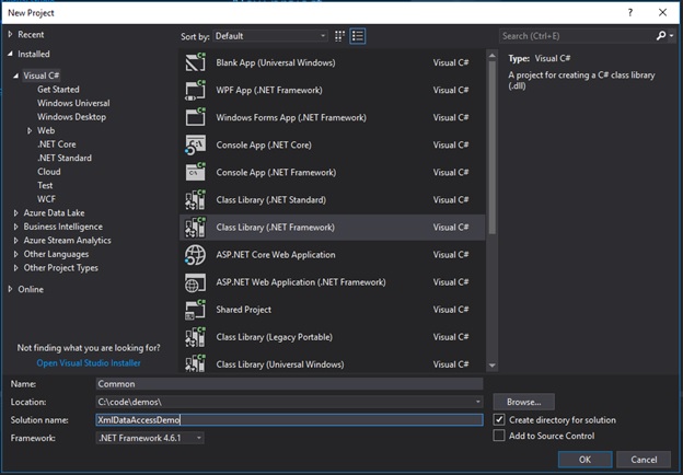 Add a new project named "common" in Visual Studio