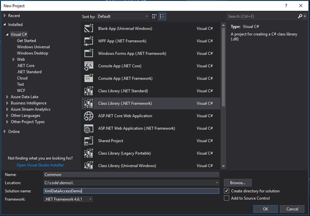 Add a new project named "common" in Visual Studio
