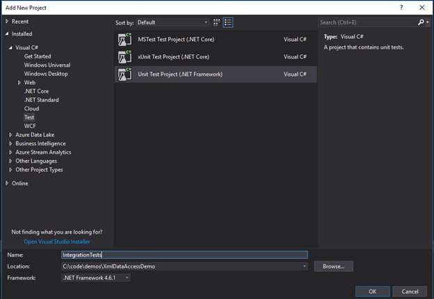 how to create a unit test project to run the example