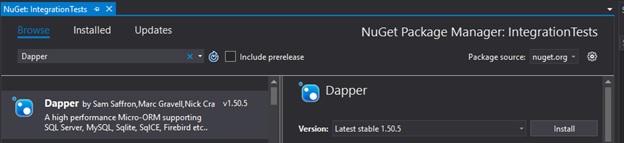 Browse NuGet packages and select Dapper