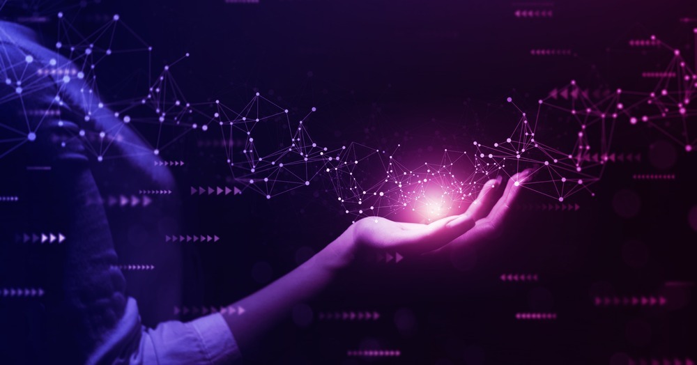 a hand holding a colorful ball with data points emerging from it, representing data technologies