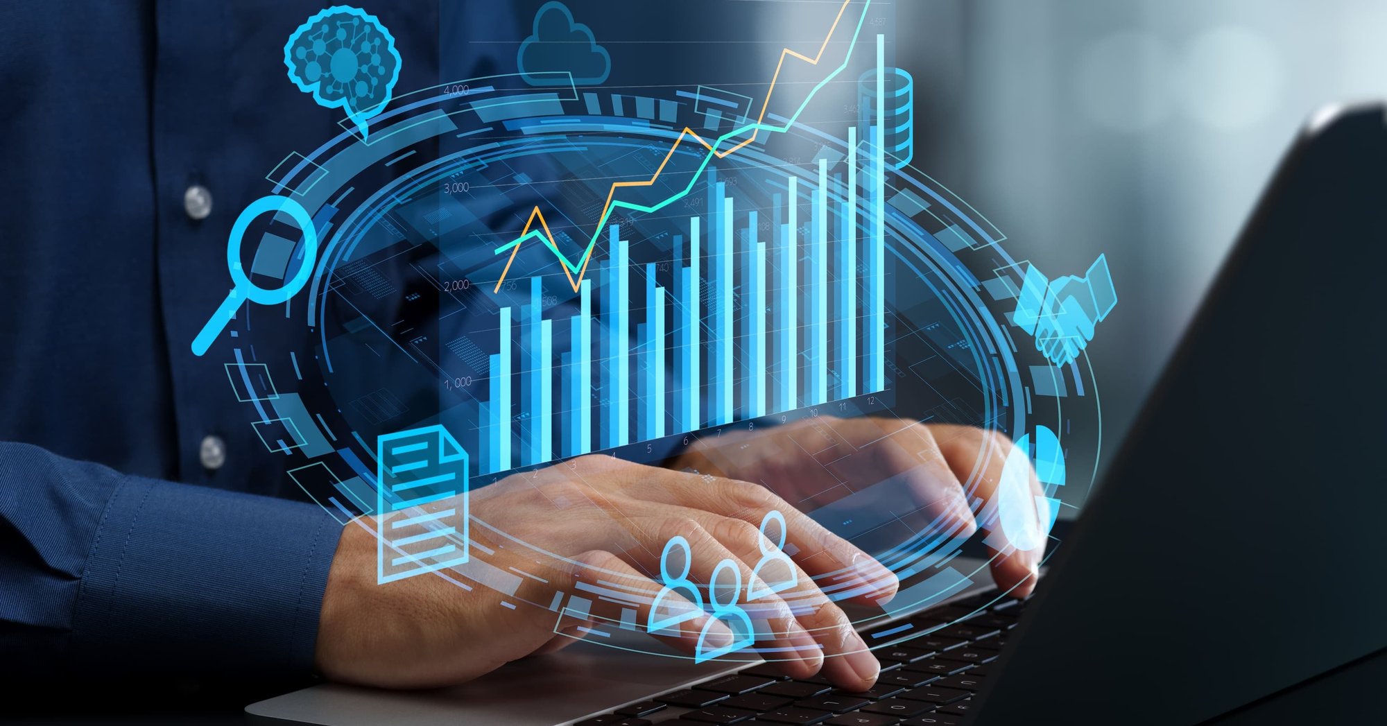 data visualization graphic, bar chart appearing over a laptop