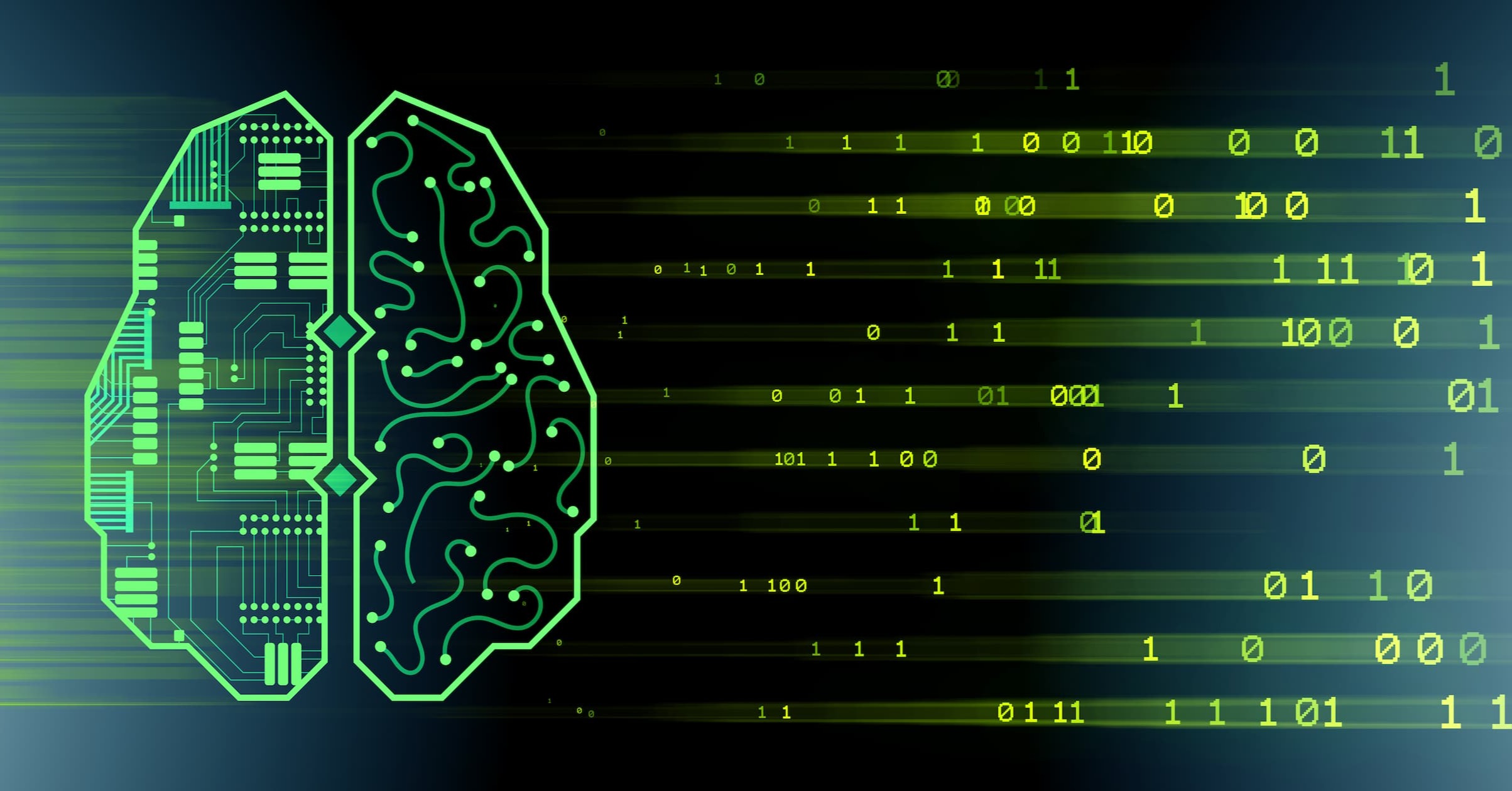 flat vector rendering of a human brain, with a circuit board overlaid. Representing the idea of machine and human working together.