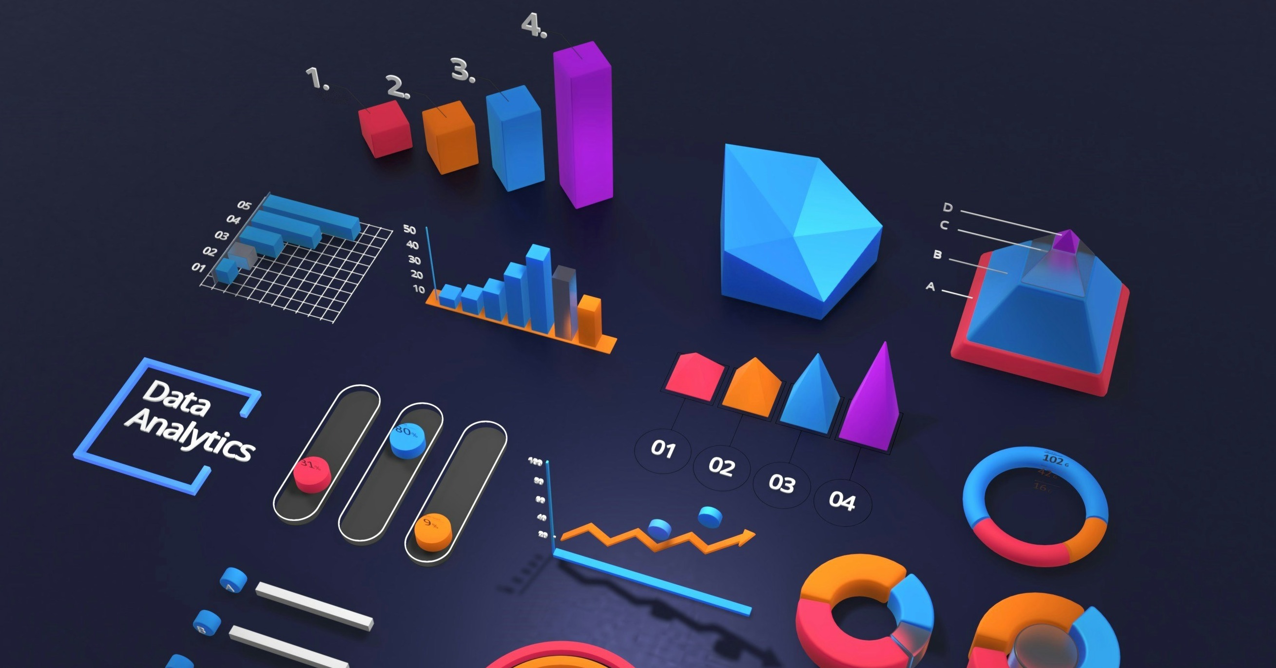 “Collection of colorful 3D data visualization charts and graphs on a dark background, representing data analytics and reporting.”