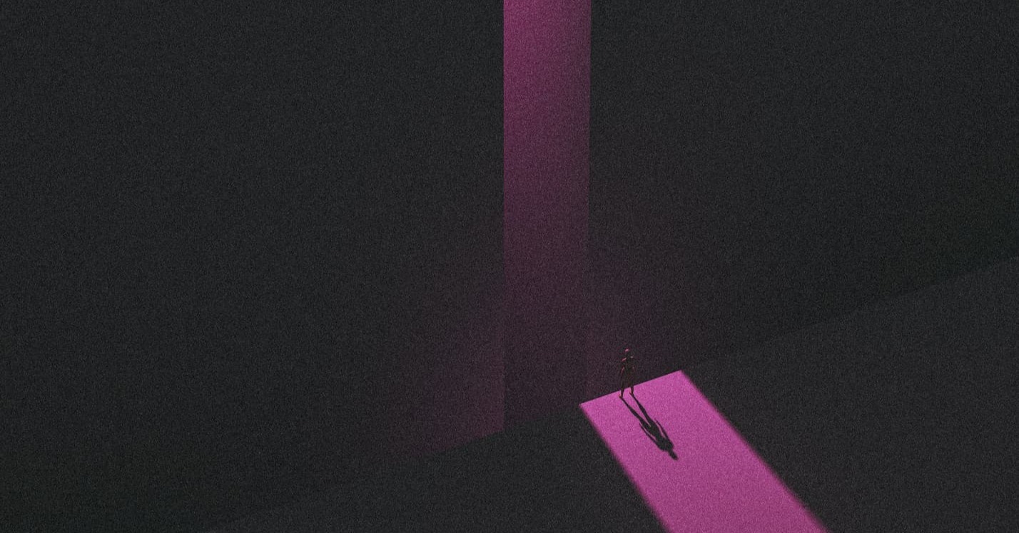 illustration of person standing at a doorway, light illuminating them offset from the open doorway. representing a gap between two things.