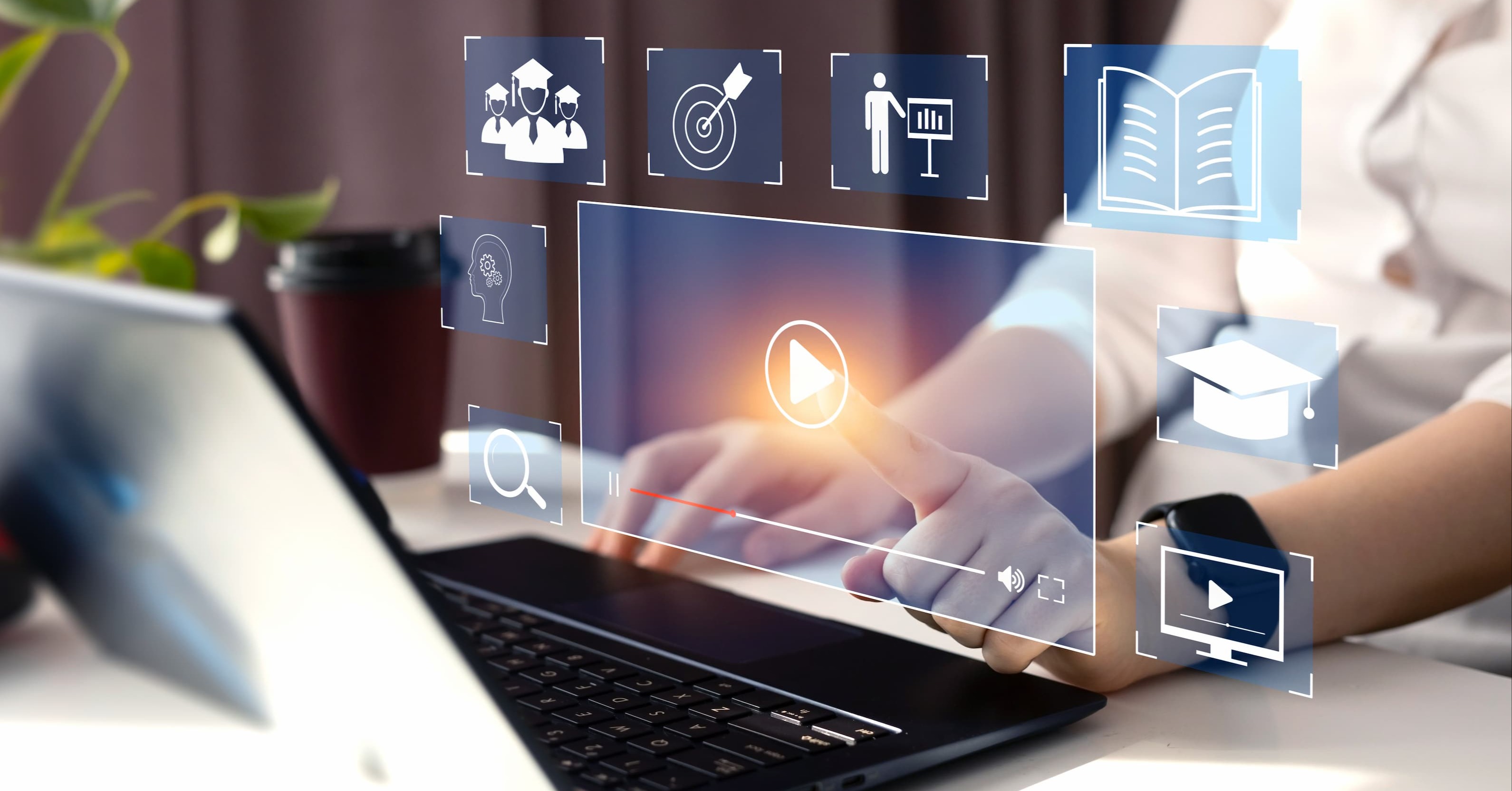 a series of icons float over a laptop screen, representing different types of learning: youtube videos, reading articles, lectures, college education, search, and more. A person