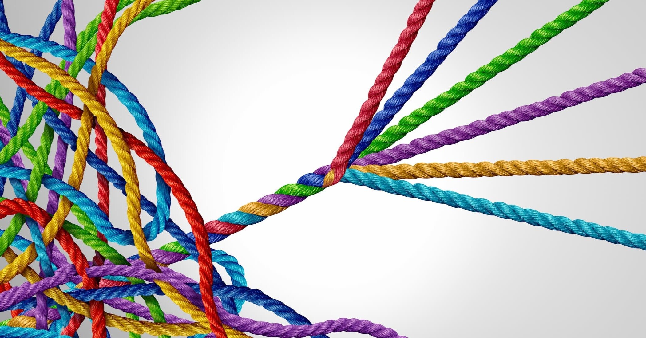 Concept of organizing from mismanagement to managed success as a tangled group of ropes with another team of organized ropes succeeding.