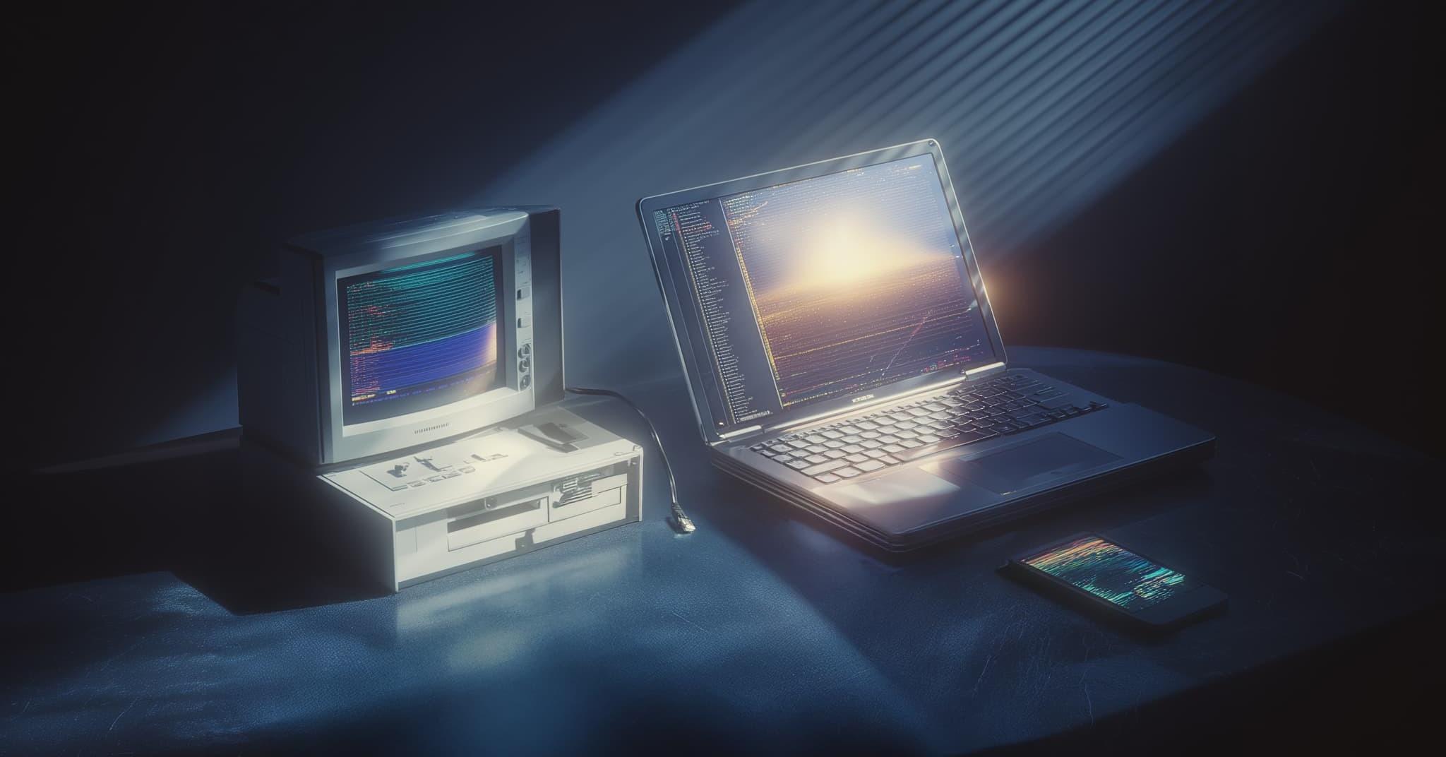 a 90s style computer next to a mdoern laptop, next to a smart phone. All three devices are disconnected from each other by unplugged cords, symbolizing the disconnect between legacy and modern systems.